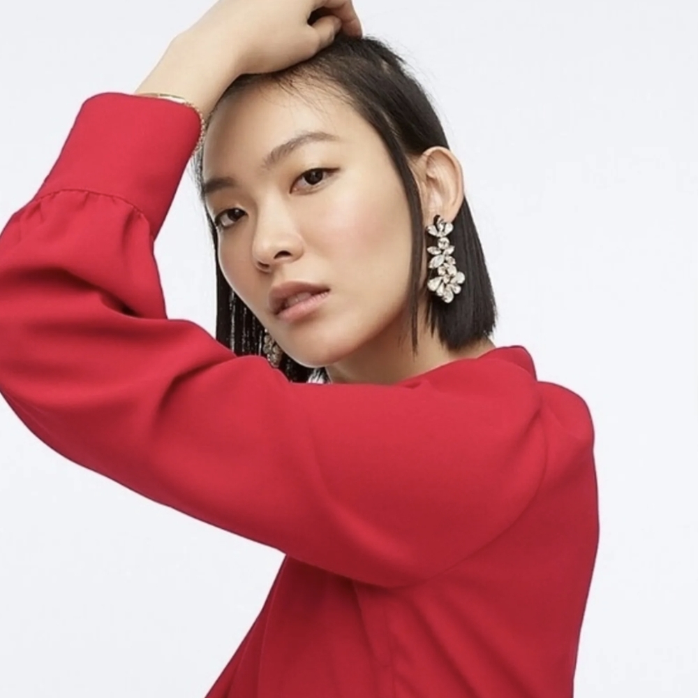J Crew Women's Shirt Top Peplum Drapey Flowy Faux Wrap Red Christmas Holiday 8 - Picture 10 of 12